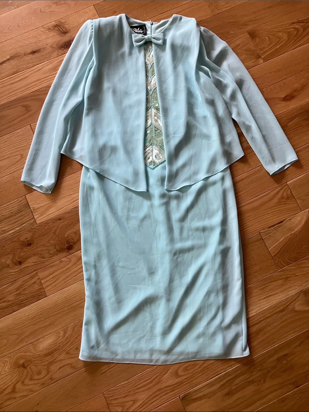 Ursula of Switzerland Pastel Aqua Long Sleeve Dress with Bow